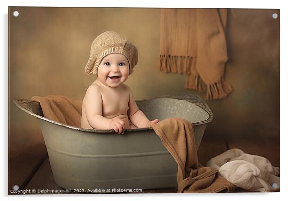 Bath time, baby in a vintage bathtub Acrylic by Delphimages Art