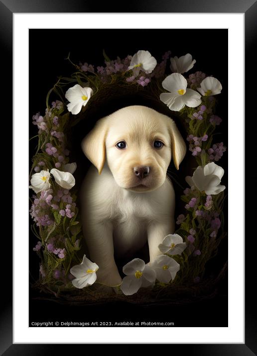 Golden Labrador Retriever puppy portrait Framed Mounted Print by Delphimages Art