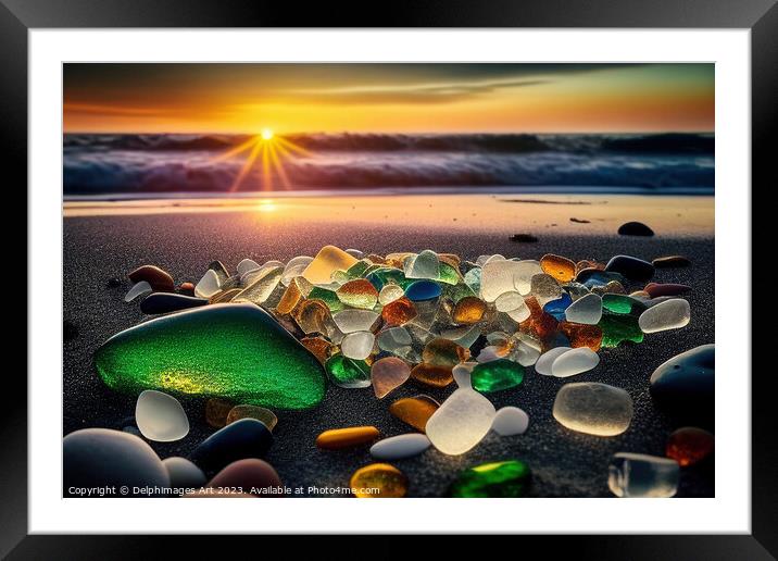 Sea glass beach at sunset Framed Mounted Print by Delphimages Art