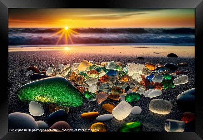 Sea glass beach at sunset Framed Print by Delphimages Art
