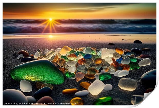Sea glass beach at sunset Print by Delphimages Art