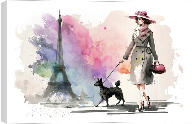 Walking the dog in Paris, Eiffel tower watercolor Canvas Print by Delphimages Art