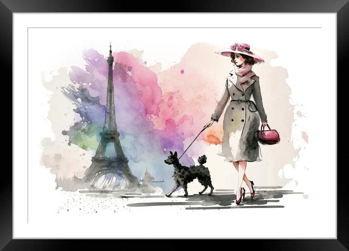Walking the dog in Paris, Eiffel tower watercolor Framed Mounted Print by Delphimages Art