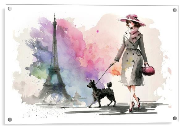 Walking the dog in Paris, Eiffel tower watercolor Acrylic by Delphimages Art