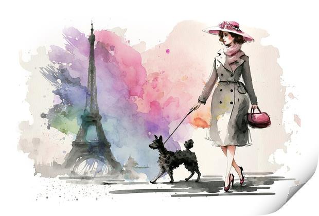 Walking the dog in Paris, Eiffel tower watercolor Print by Delphimages Art