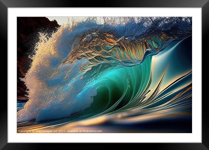Abstract green surfing tube wave Framed Mounted Print by Delphimages Art