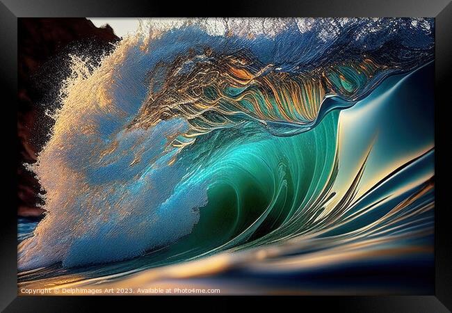 Abstract green surfing tube wave Framed Print by Delphimages Art