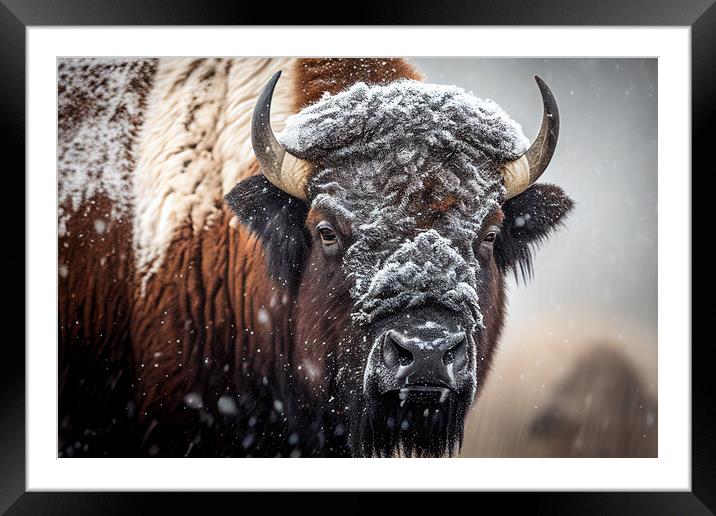 American buffalo portrait in winter Framed Mounted Print by Delphimages Art