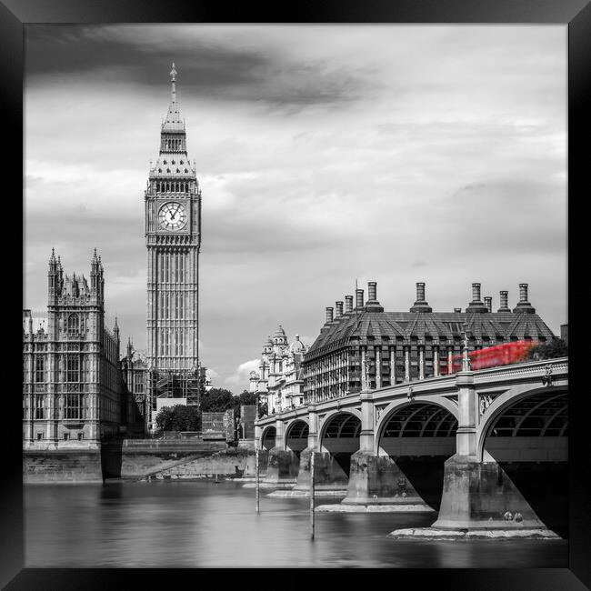Bus on Westminster bridge, Big Ben, London Framed Print by Delphimages Art