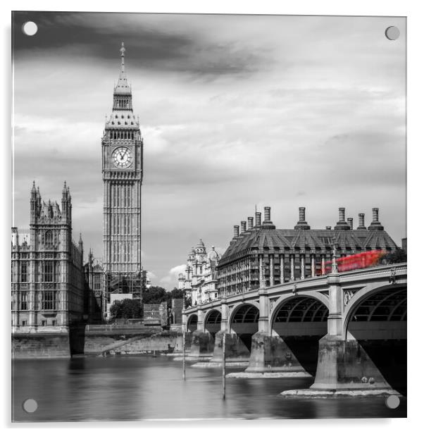 Bus on Westminster bridge, Big Ben, London Acrylic by Delphimages Art