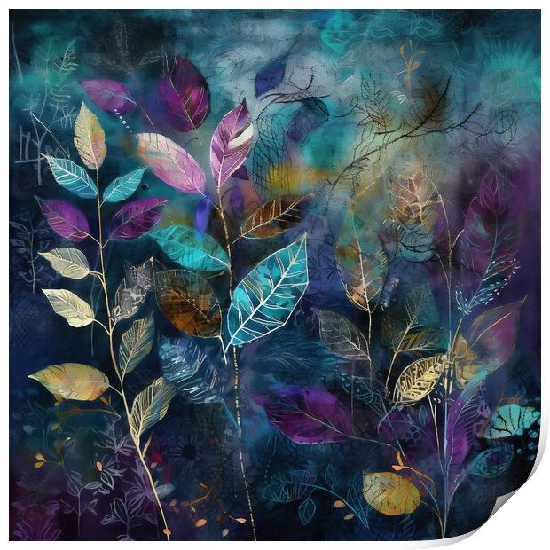 Leaves abstract, purple and blue 2 Print by Delphimages Art