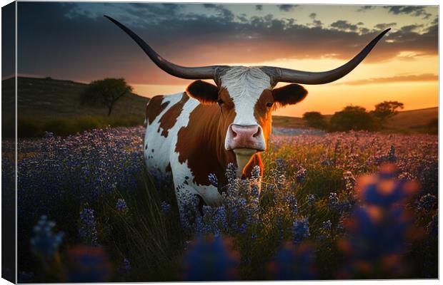 exas longhorn cow, bluebonnets at sunset Canvas Print by Delphimages Art