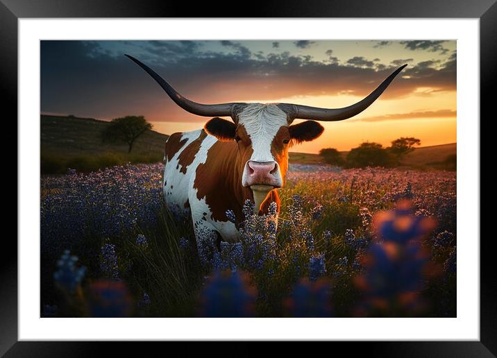 exas longhorn cow, bluebonnets at sunset Framed Mounted Print by Delphimages Art