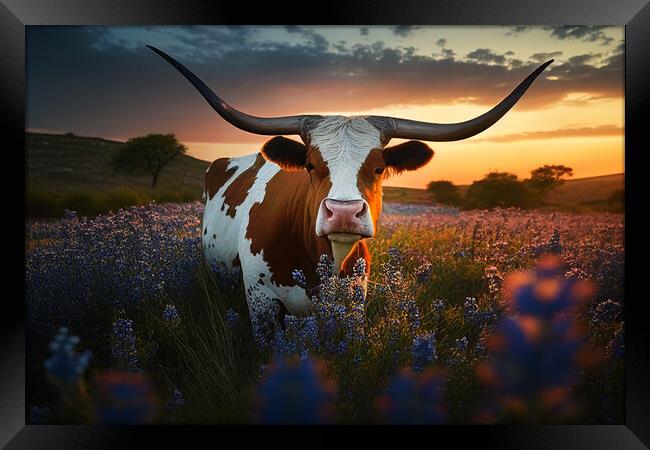 exas longhorn cow, bluebonnets at sunset Framed Print by Delphimages Art