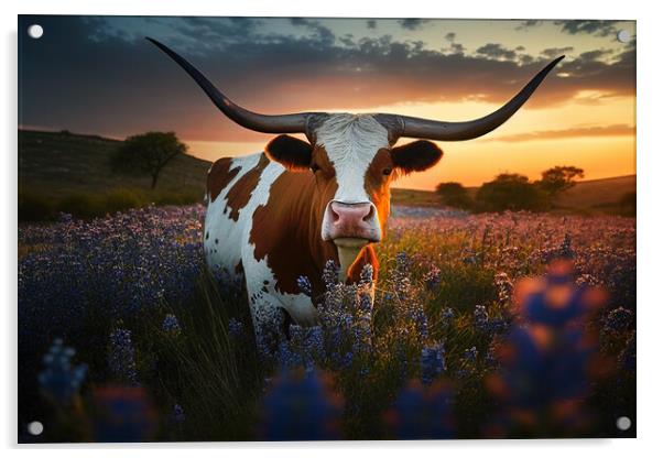 exas longhorn cow, bluebonnets at sunset Acrylic by Delphimages Art