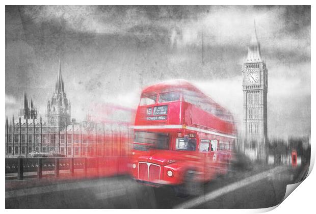 British red bus and Big Ben, London Print by Delphimages Art