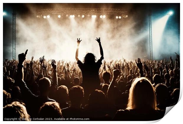 A crowd at a lively rock concert applauding the group on stage.  Print by Joaquin Corbalan