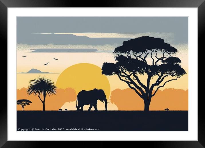 Illustration of sunset in the savannah, silhouette Framed Mounted Print by Joaquin Corbalan