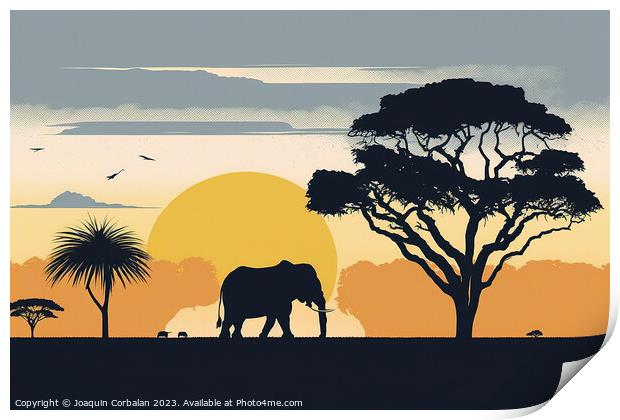 Illustration of sunset in the savannah, silhouette Print by Joaquin Corbalan