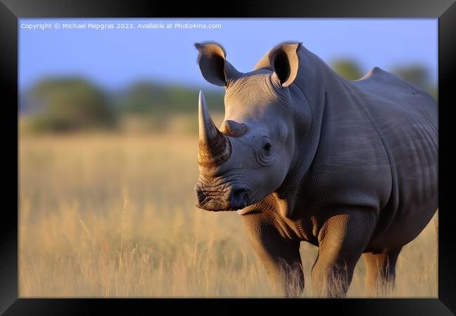 A rhino in the african savannah created with generative AI techn Framed Print by Michael Piepgras