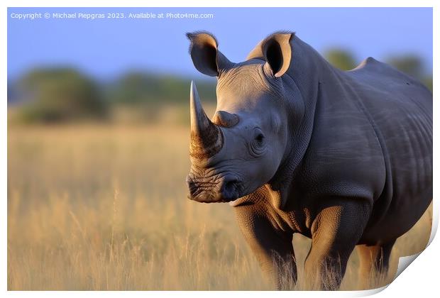 A rhino in the african savannah created with generative AI techn Print by Michael Piepgras