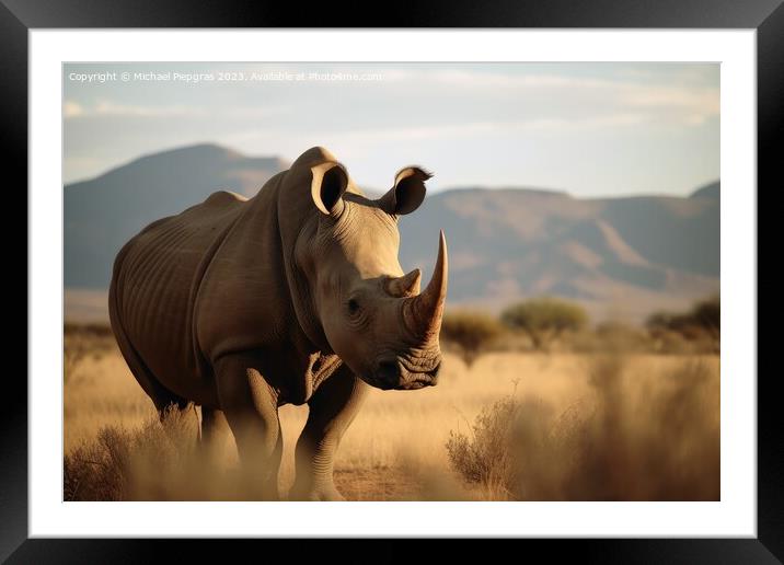 A rhino in the african savannah created with generative AI techn Framed Mounted Print by Michael Piepgras