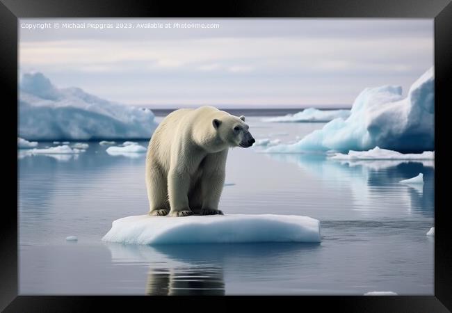 A sad polar bear on a small ice floe created with generative AI  Framed Print by Michael Piepgras