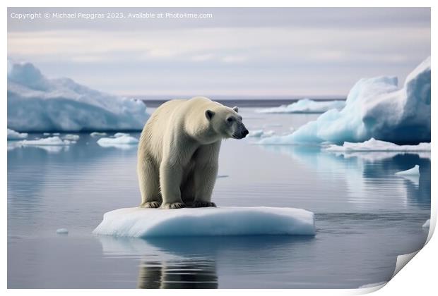 A sad polar bear on a small ice floe created with generative AI  Print by Michael Piepgras