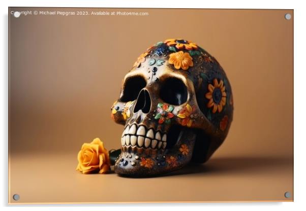 A skull for Dia de Los Muertos on light background created with  Acrylic by Michael Piepgras