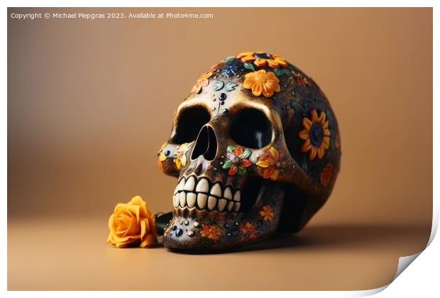 A skull for Dia de Los Muertos on light background created with  Print by Michael Piepgras