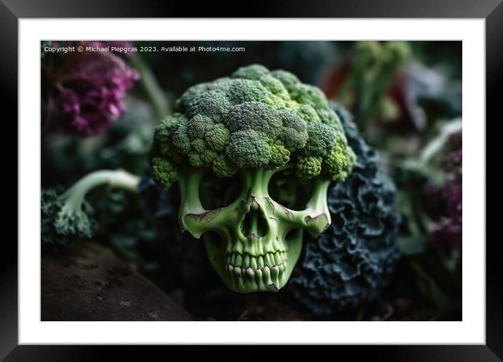 A skull made of broccoli created with generative AI technology. Framed Mounted Print by Michael Piepgras