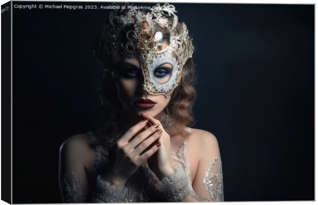 A beautiful woman in an elegant dress with a Venetian carnival m Canvas Print by Michael Piepgras