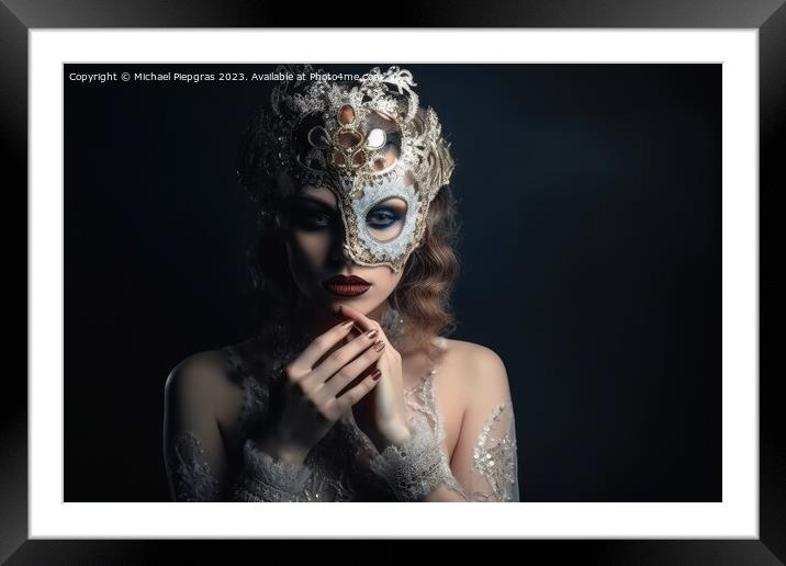 A beautiful woman in an elegant dress with a Venetian carnival m Framed Mounted Print by Michael Piepgras