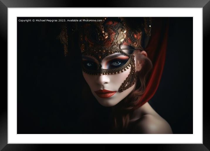 A beautiful woman in an elegant dress with a Venetian carnival m Framed Mounted Print by Michael Piepgras