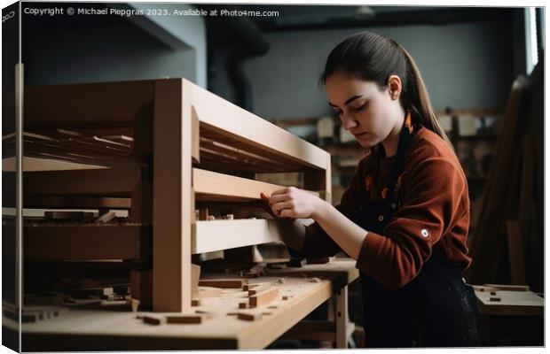 A female craftsman builds a shelf created with generative AI tec Canvas Print by Michael Piepgras