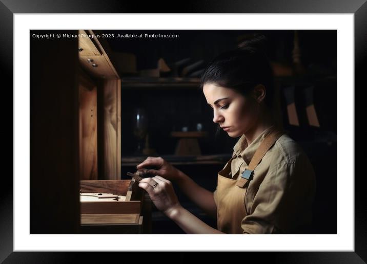 A female craftsman builds a shelf created with generative AI tec Framed Mounted Print by Michael Piepgras