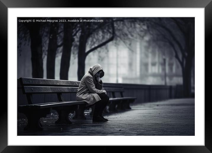 A lonely and sad person sitting on a bench created with generati Framed Mounted Print by Michael Piepgras