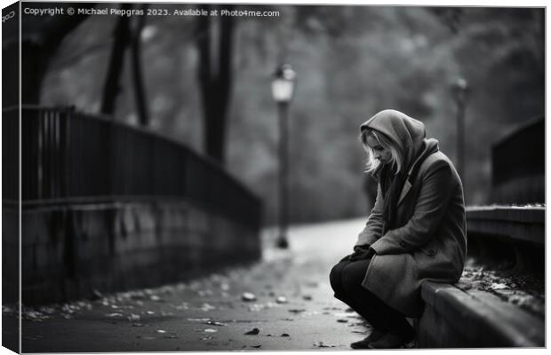A lonely and sad person sitting on a bench created with generati Canvas Print by Michael Piepgras