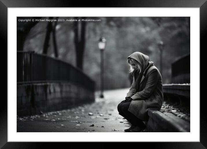 A lonely and sad person sitting on a bench created with generati Framed Mounted Print by Michael Piepgras