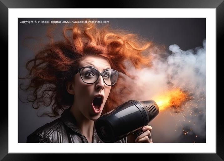 A woman with a very wild hairstyle looks amazed at an exploded h Framed Mounted Print by Michael Piepgras
