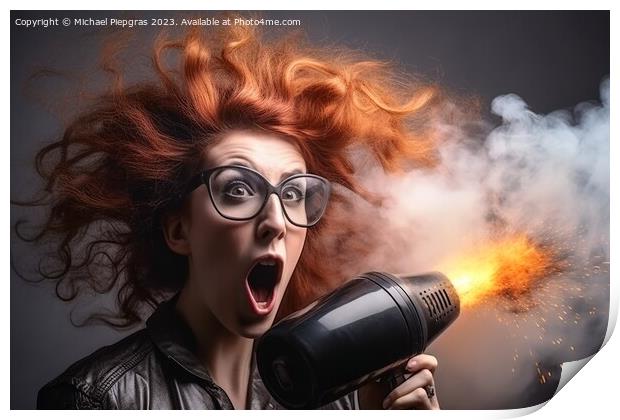 A woman with a very wild hairstyle looks amazed at an exploded h Print by Michael Piepgras