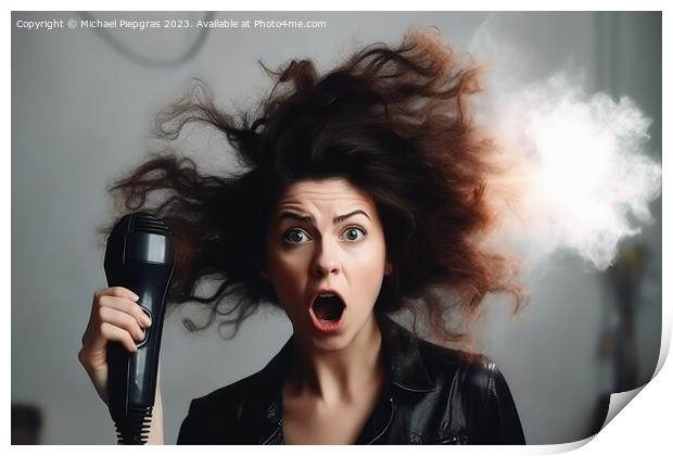 A woman with a very wild hairstyle looks amazed at an exploded h Print by Michael Piepgras