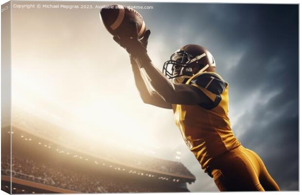 American football in flight being catched by a player created wi Canvas Print by Michael Piepgras