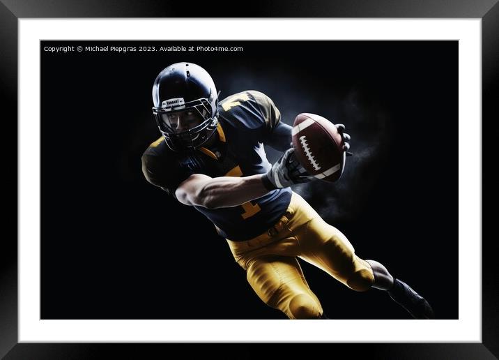 American football in flight being catched by a player created wi Framed Mounted Print by Michael Piepgras