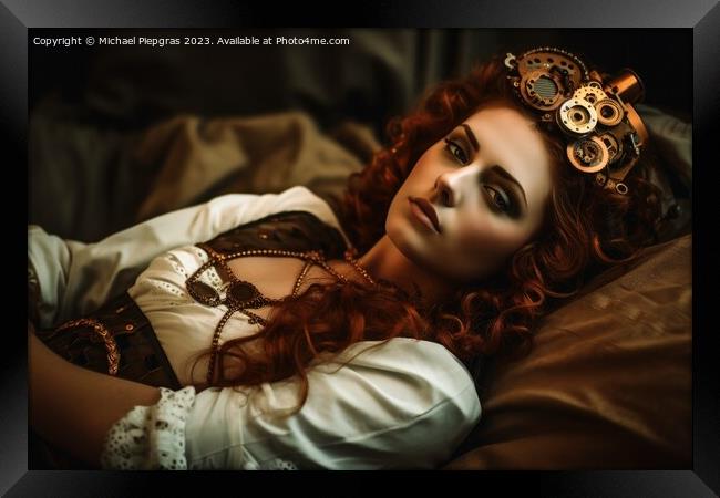 An attractive female steampunk woman cyborg laying on a bed crea Framed Print by Michael Piepgras