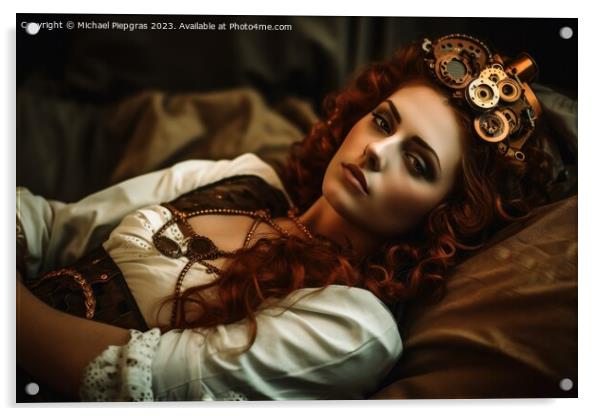 An attractive female steampunk woman cyborg laying on a bed crea Acrylic by Michael Piepgras