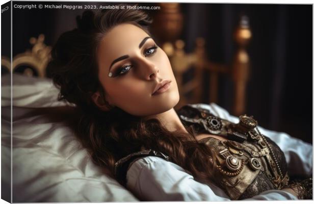 An attractive female steampunk woman cyborg laying on a bed crea Canvas Print by Michael Piepgras
