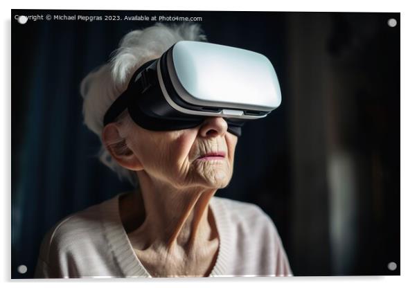 An old woman looking stunned while exploring virtual reality cre Acrylic by Michael Piepgras