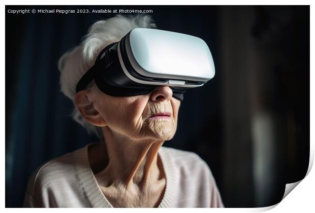 An old woman looking stunned while exploring virtual reality cre Print by Michael Piepgras