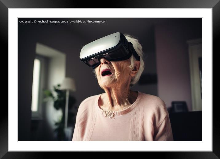 An old woman looking stunned while exploring virtual reality cre Framed Mounted Print by Michael Piepgras